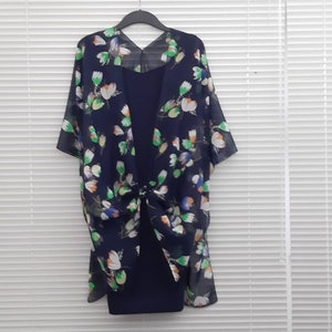 Navy Floral Kimono Cardigan, with tulips Jacket Kaftan, Caftan, Duster Jacket Overdress, Free size, Cardigan -LIMITED EDITION-