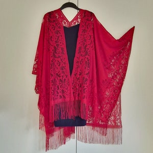 Red Lace Floral Fringe Kimono Cardigan, Jacket Kaftan, Caftan, Duster Jacket Overdress, Free size Cardigan, Postbox Red-LIMITED EDITION-