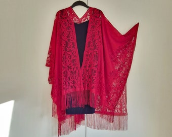 Red Lace Floral Fringe Kimono Cardigan, Jacket Kaftan, Caftan, Duster Jacket Overdress, Free size Cardigan, Postbox Red-LIMITED EDITION-