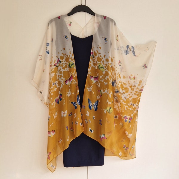 Butterflies White and tan Kimono Cardigan, butterflies, Kaftan Caftan, Overdress, Free size, Kimono Jacket -LIMITED EDITION-