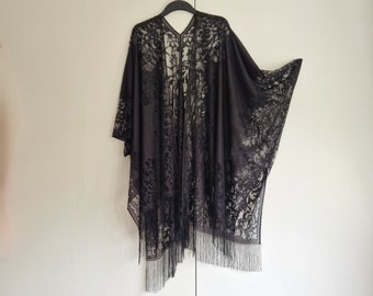 Black Lace Floral Fringe Kimono Cardigan, Jacket Kaftan, Caftan, Duster Jacket Overdress, Free size, Cardigan -LIMITED EDITION-
