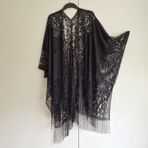 Black Lace Floral Fringe Kimono Cardigan, Jacket Kaftan, Caftan, Duster Jacket Overdress, Free size, Cardigan -LIMITED EDITION-