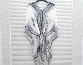 Grey Tulips Kaftan and Top in one, Blouse to evening wear to, Beach Cover Up black and White, free size