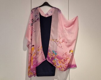 Cherry Blossom Birds Kimono Cardigan, Kaftan Caftan, Overdress, Free size, Kimono Jacket light Pink to Pink Ombre