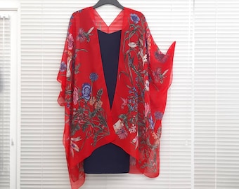 Red Floral Kimono Cardigan, Hummingbirds, Kaftan Caftan, Overdress, Free size, Kimono Jacket -LIMITED EDITION-