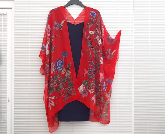 Red Floral Kimono Cardigan Hummingbirds Kaftan Caftan Overdress Free Size Kimono Jacket LIMITED EDITION Etsy