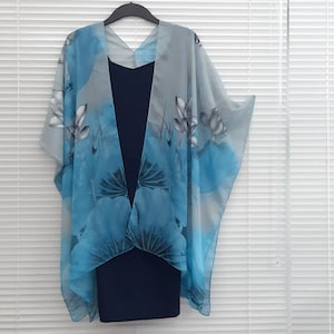 Turquoise grey Lotus Water Lilly Kimono Cardigan, Kaftan, Overdress, Free size, Kimono Jacket silky chiffon  -LIMITED EDITION-
