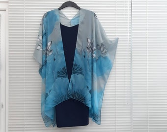 Turquoise grey Lotus Water Lilly Kimono Cardigan, Kaftan, Overdress, Free size, Kimono Jacket silky chiffon  -LIMITED EDITION-