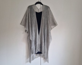 Silbergrau mit Fringe Kimono Cardigan, Jacke Kaftan, Kaftan, Duster Jacket Overdress, Free size, Cardigan -LIMITED EDITION-