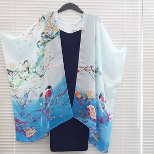 Cherry Blossom Birds Kimono Cardigan, Kaftan Caftan, Overdress, Free size, Kimono Jacket Light Blue to Blue Ombre