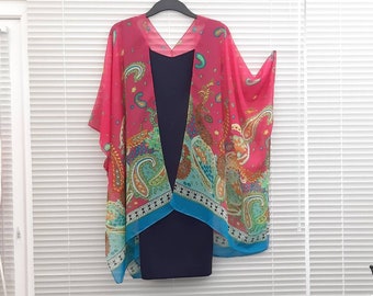 Pink Paisley with Aqua bottom border Kimono Cardigan Kaftan Caftan, Overdress, Free size, Kimono Cardigan -LIMITED EDITION-