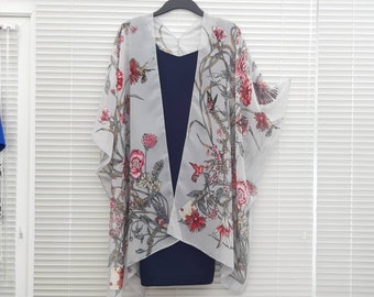 Grey kimono with sweet pink flowers, Floral Kimono Cardigan, Kaftan Caftan, Overdress, Free size, Kimono Jacket -LIMITED EDITION-