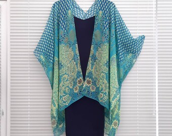 Turquoise Green Peacock Kimono Cardigan, Kaftan Caftan, Overdress, Free size, Kimono Jacket