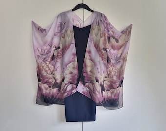 Lotus Water Lilly Kimono Cardigan, Kaftan, Overdress, Free size, Kimono Jacket silky chiffon Lilac -LIMITED EDITION-
