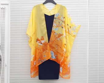 Cherry Blossom Birds Kimono Cardigan, Kaftan Caftan, Overdress, Free size, Kimono Jacket Yellow and orange -LIMITED EDITION-