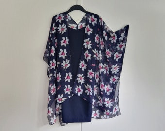 Daisy on Navy Blue Floral Kimono Jacket Kaftan, Caftan, Duster Jacket Overdress, Free size, Cardigan -LIMITED EDITION-