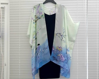 Cherry Blossom Birds Kimono Cardigan, Kaftan Caftan, Overdress, Free size, Kimono Jacket Mint Green to Blue Ombre