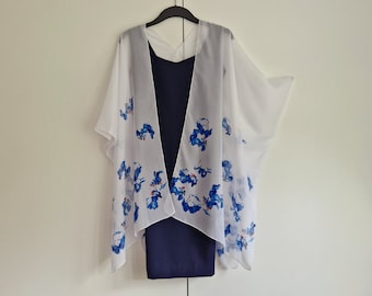 Blue flowers on White Kimono Cardigan, Kaftan Caftan, Overdress, Free size, Kimono Jacket -LIMITED EDITION-