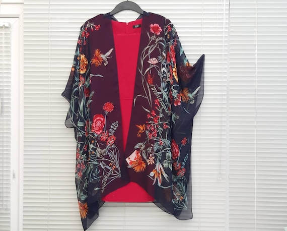 Navy Blue Floral Kimono Cardigan Kaftan 