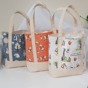 Winnie the Pooh tote book bag, small shop bag, square base, cotton bag - size S