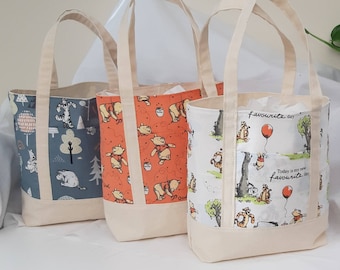 Winnie the Pooh tote book bag, small shop bag, square base, cotton bag - size S