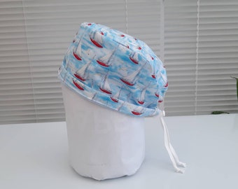 Scrub Cap white red Boats on Blue Surgical Cap with toggles, Cotton, Vets, Theatre, Doctor, Nurse, Chef, Chemo Cap