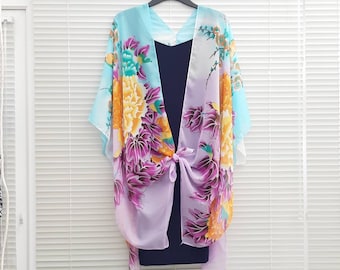 Lilac Blue Flowers & Bird Kimono Cardigan, Kaftan Caftan, Overdress, Free size, Kimono Jacket - LIMITED EDITION- only one made
