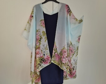 Blue Pink Garden Flower Kimono Cardigan, Kaftan Caftan, Overdress, Free size, Kimono Jacket -LIMITED EDITION-