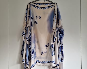 Blue White Japanese Ceramic, Kaftan and dress, day to evening wear to, Beach Cover Up, free size