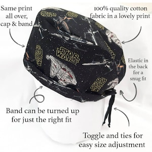 Scrub Cap Star wars black Galaxy, Millennium Falcon, Surgical Cap with toggle, Cotton, Vets, Theatre, Doctor, Nurse, Chef, Chemo cap