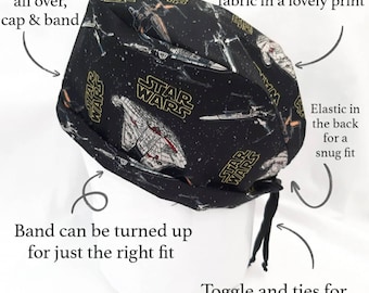 Scrub Cap Star wars black Galaxy, Millennium Falcon, Surgical Cap with toggle, Cotton, Vets, Theatre, Doctor, Nurse, Chef, Chemo cap