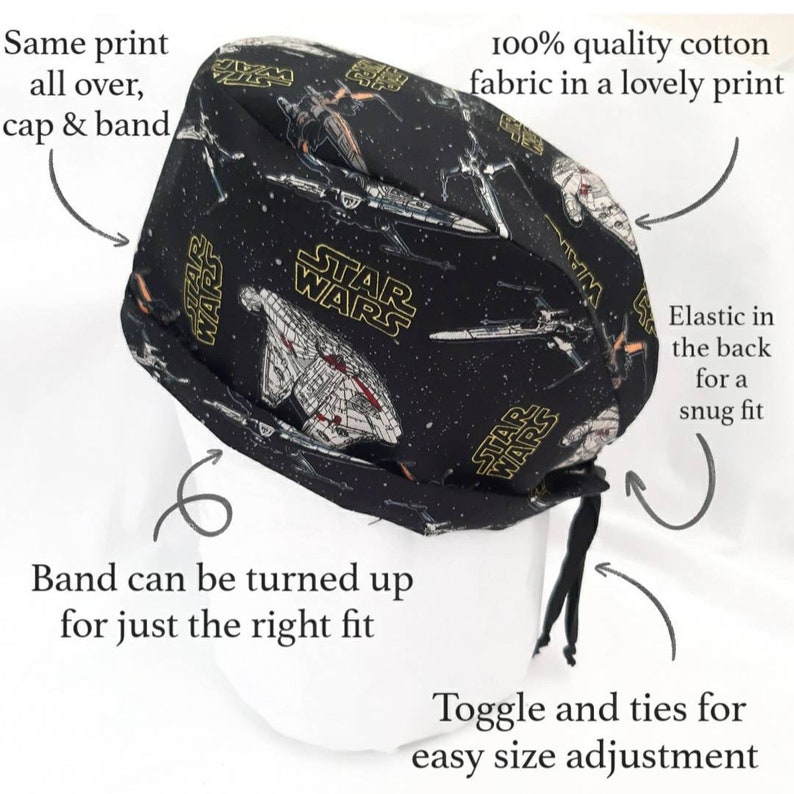 Scrub Cap Star wars black Galaxy, Millennium Falcon, Surgical Cap with toggle, Cotton, Vets, Theatre, Doctor, Nurse, Chef, Chemo cap image 1