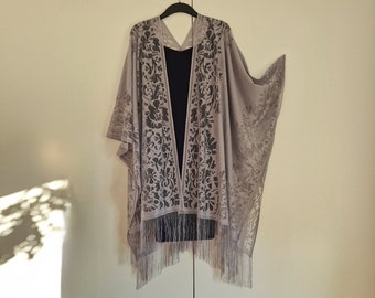 Grey Lace Floral Fringe Kimono Cardigan, Jacket Kaftan, Caftan, Duster Jacket Overdress, Free size, Cardigan -LIMITED EDITION-