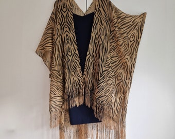 Gold tiger zebra print with Fringe Kimono Cardigan, Jacket Kaftan, Caftan, Duster Jacket Overdress, Free size, Cardigan -LIMITED EDITION-