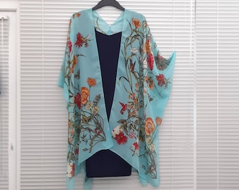 Turquoise Blue Floral Kimono Cardigan, Kaftan Caftan, Overdress, Free size, Kimono Jacket -LIMITED EDITION-