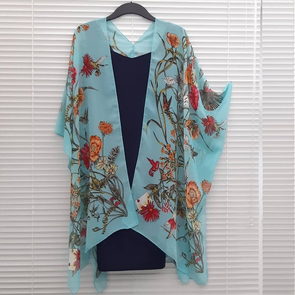 Cardigan Kimono floreale blu turchese, Caftano Kaftan, Overdress, Taglia libera, Giacca Kimono -EDIZIONE LIMITATA-