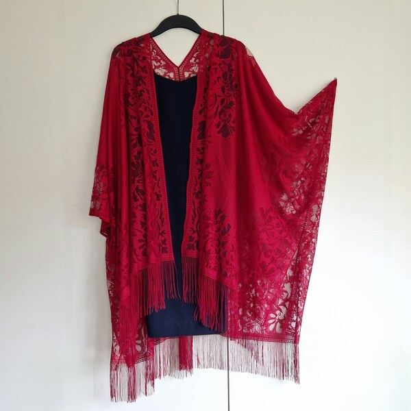 Wine Red Lace Floral Fringe Kimono Cardigan, Jacket Kaftan, Caftan, Duster Jacket Overdress, Free size Cardigan -LIMITED EDITION-