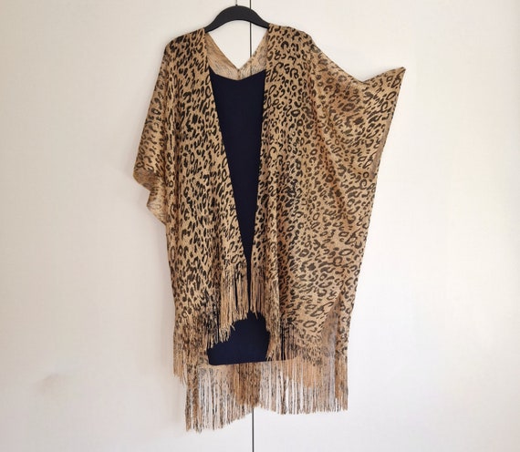Gold Leopard Print With Fringe Kimono Cardigan, Jacket Kaftan