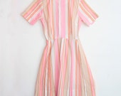 Waisted Dress vintage light pastel color with asymmetrical stripes, sixties 60s size S - M / 36-38
