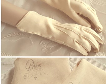 Cream Cotton Gloves 1950s, Vintage Pale Yellow Gants, 50s Simplex Womens Accessories, Sz 7