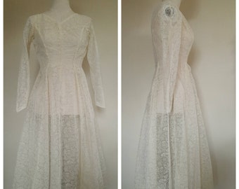 1950s Wedding Dress, Brides Vintage Cream Gown, Floral Flock Fabric, 50s Short Summer Dress, Unique Fifties Dresses