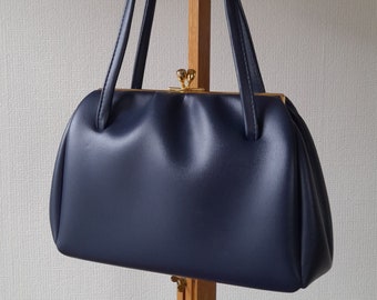 Vintage 1960s Handbag, Dark Blue Vinyl Top Handle Bag, Gilt Frame Kiss Clasp, Womens Vintage Purse, Quality ELBIEF Handbag