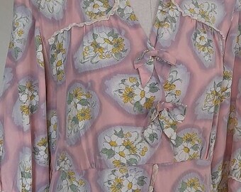 Vintage 1930s Dress Pink Floral Womens Frock, Crepe Silk 30s Unique Dress