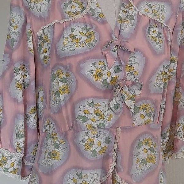 Robe vintage des années 30, robe florale rose pour femme, robe unique des années 30 en crêpe de soie