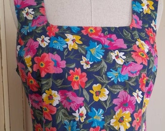 Vintage Floral Dress, 1970s Womens Summer Sun Dress,  Unique Handmade Fit and Flare Frock, Colourful Flower Print Cotton, Sz S-M