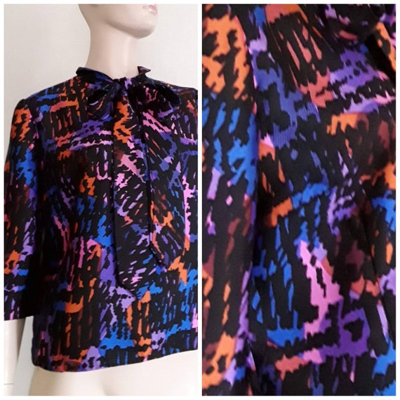Vintage BLOUSE 1950s SHIRT Colourful ABSTRACT Prin