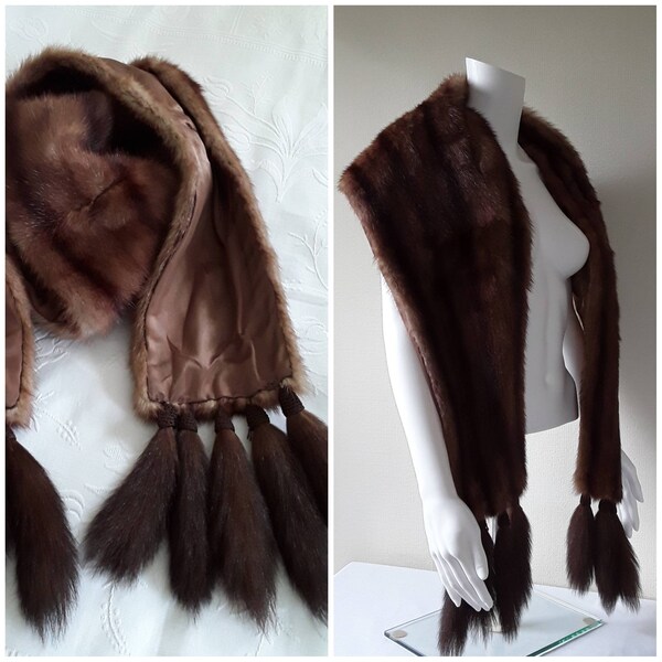 Vintage Fur Stole 1940s Fur Wrap Chestnut Brown Shades Silky Mink Shoulder Cape with Tails/Collar/Shoulder Straps Womens Stole Re-enactment