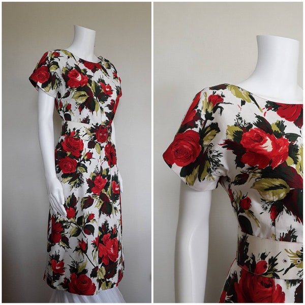 VINTAGE FLORAL DRESS, Red roses, Floral cotton frock, 1960s wedding dress, Summer cocktail dress, Womens petite dresses, Summer dress, Sz S