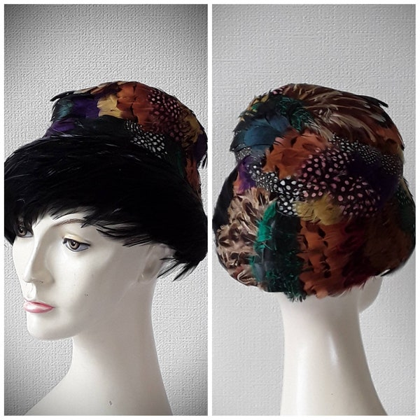 Vintage Feather Hat, Colourful Feathers with Black Iridescent Feather Band, Unique Womens Accessory, 23"