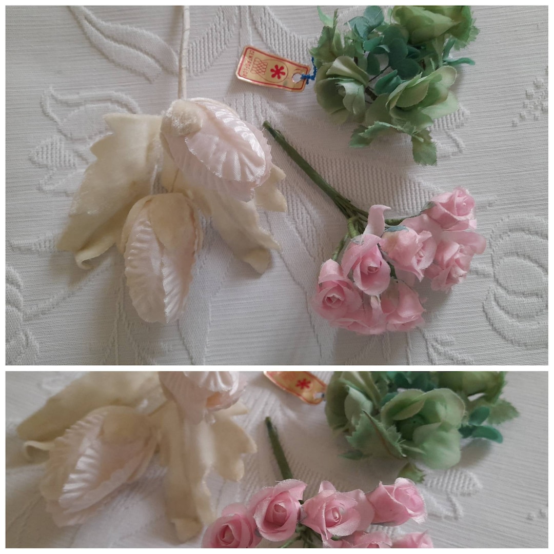 Antique Silk Flowers, Vintage Millinery Flowers, Pink and White Sprays, Candle Ring